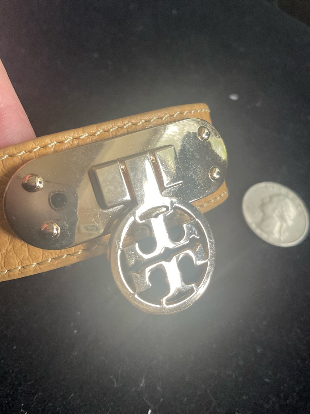 Leather Snap Cuff Bracelet in Tan with Designer Inspired Logo Accent